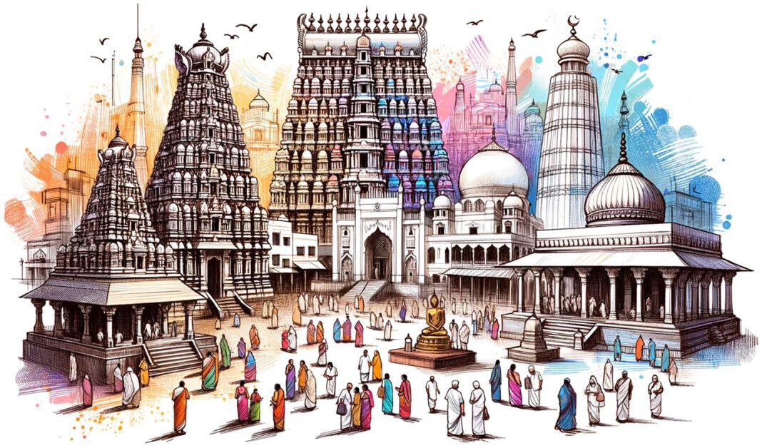 Ilustracja przedstawiająca religie w Indiach i ich różnorodność, z wizerunkami świątyń i miejsc kultu związanych z hinduizmem, buddyzmem, islamem i sikhizmem. Ludzie w tradycyjnych strojach przechadzają się przed świątyniami reprezentując każdą religię.