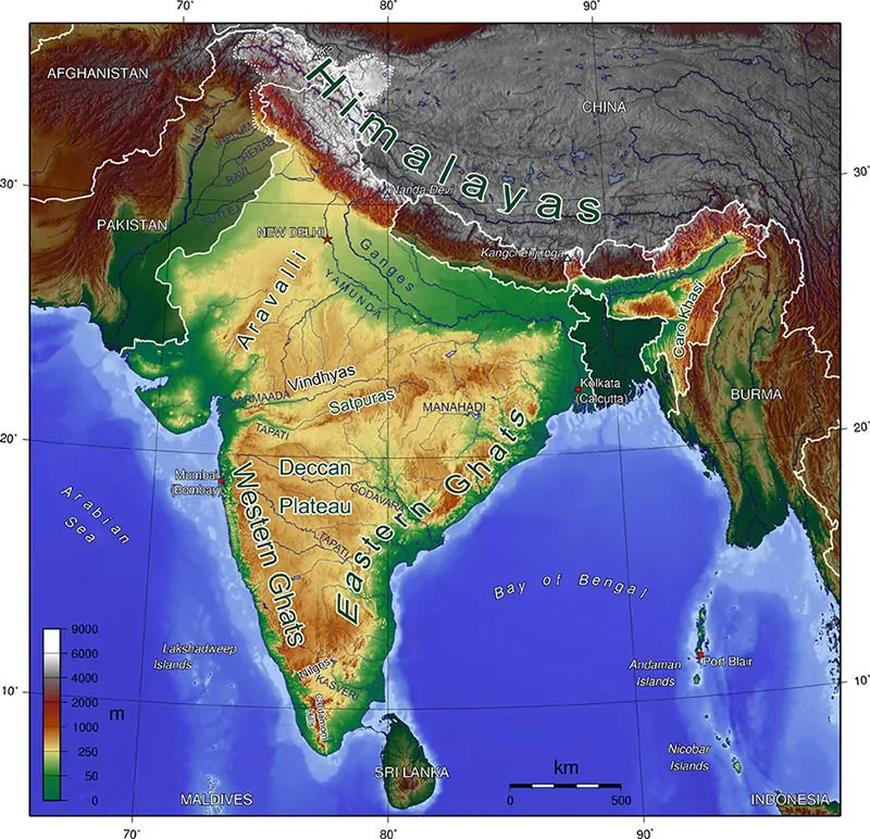 Geograficzna mapa Indii z zaznaczonymi granicami i krajami sąsiadującymi: Pakistan, Chiny, Nepal, Bhutan, Bangladesz, Mjanma