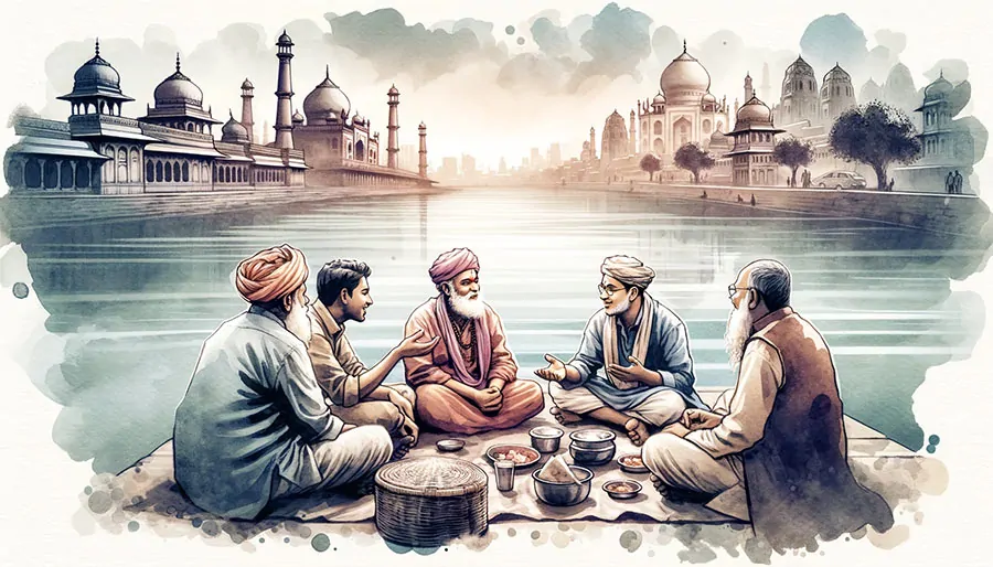 Ilustracja przedstawia wyznawców hinduizmu i islamu siedzących w kręgu na brzegu rzeki, dyskutujących i dzielących się posiłkiem, z widocznymi w tle budynkami religijnymi, podkreślając dialog między wyznaniami i harmonię w Indiach