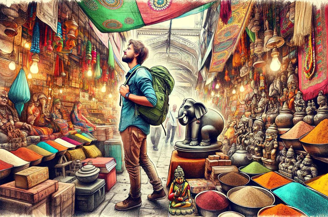 Turysta z plecakiem przegląda kolorowy bazar w Indiach, otoczony przez tradycyjne indyjskie wyroby, w tym rzeźbione figury, tkaniny i przyprawy - idealne na prezenty i pamiątki z Indii.