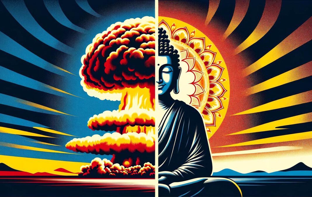 Broń atomowa w Indiach. Z lewej strony wybuch bomby atomowej symbolizujący zniszczenie, z prawej spokojny i uśmiechnięty Budda symbolizujący pokój.