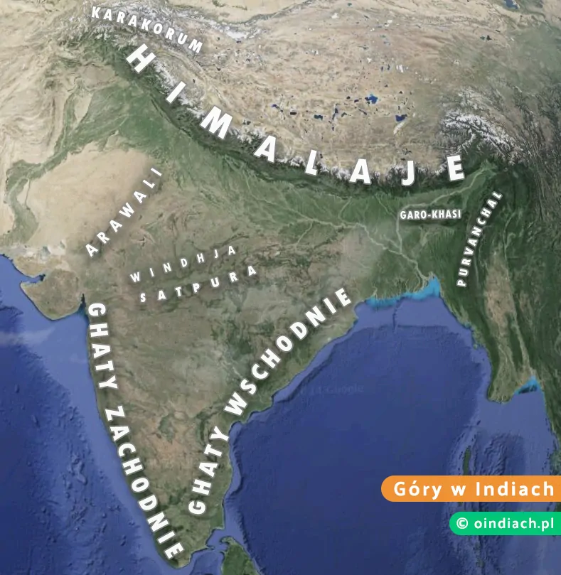 Góry w Indiach - mapa przedstawiająca główne łańcuchy górskie Indii w tym Himalaje, Karakorum, Arawali, Windhja, Satpura, Ghaty Zachodnie, Ghaty Wschodnie, Purvanchal oraz Garo-Khasi