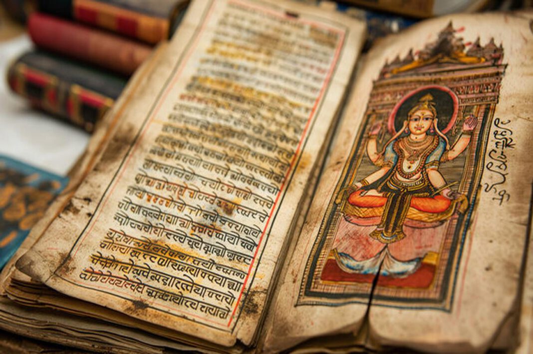 Wedy święte księgi Indii, starożytny rękopis w sanskrycie z ilustracją hinduskiego bóstwa