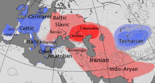 Mapa języków kentumowych (niebieskie) i satemowych (czerwone).