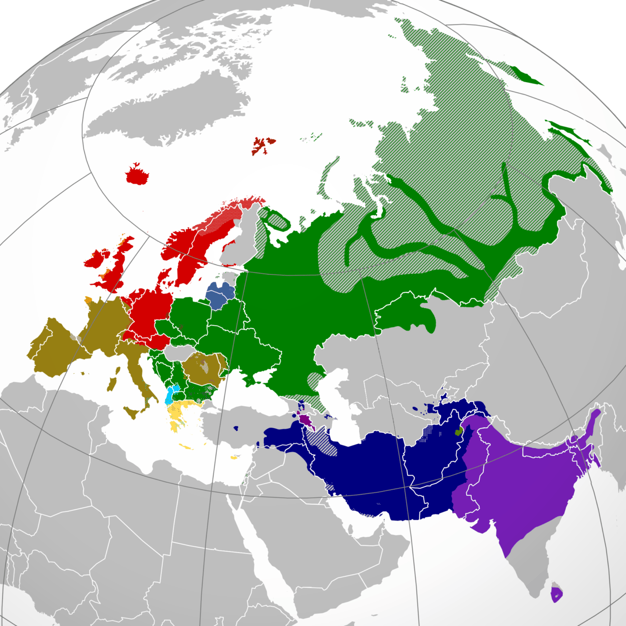 Mapa zasięgu języków indoeuropejskich w Europie i Azji
